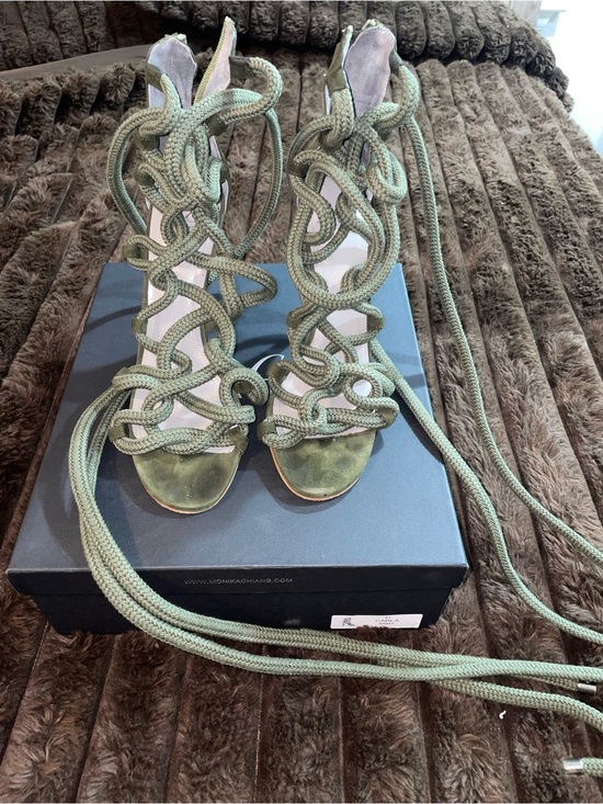 Monika Chiang Shoes - Monika Chiang Olive Green Rope Lace-Up Heels